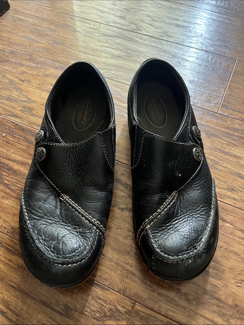 Clarks Black Leather Slip-On Loafers with Decorative Buttons
